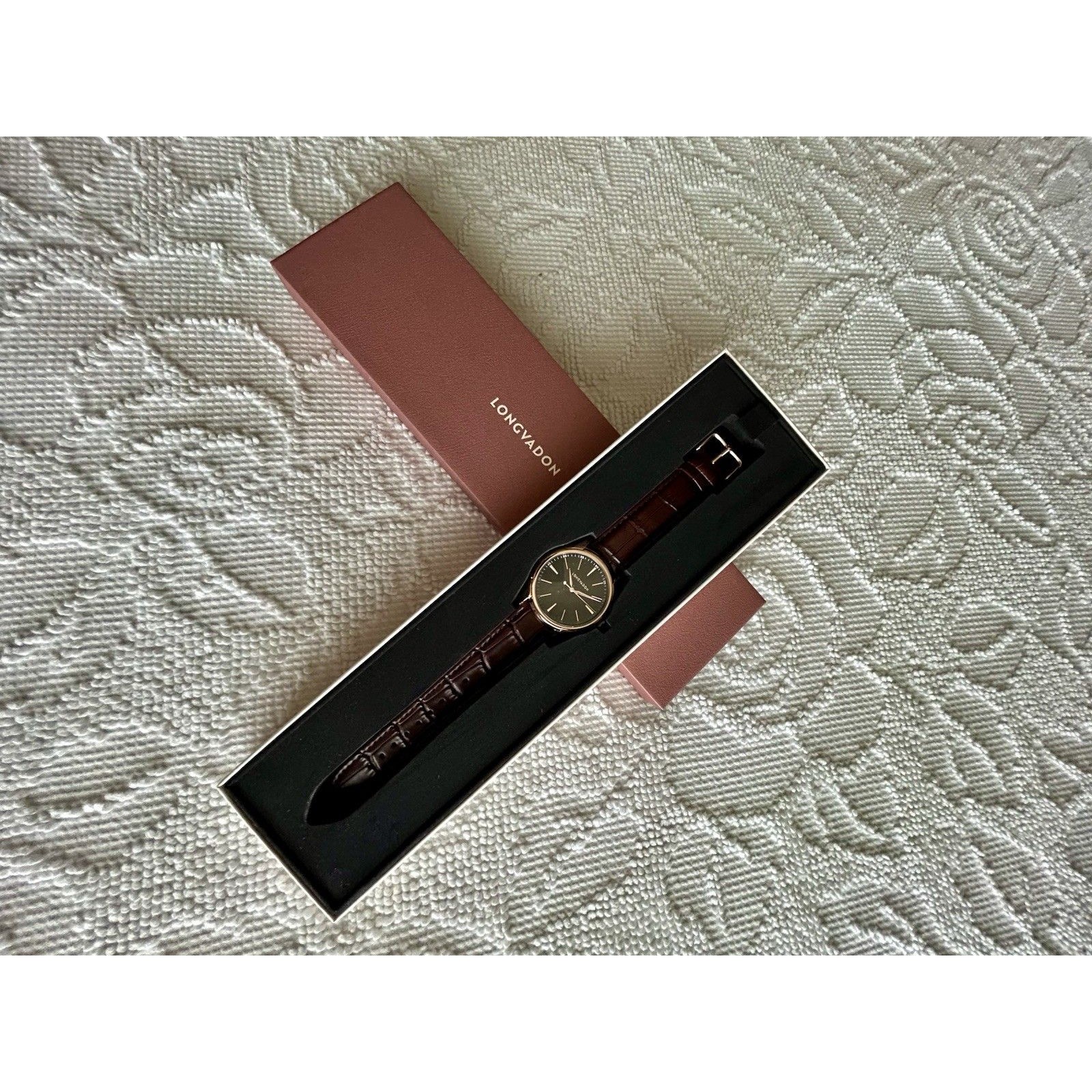 Longvadon Heritage Noir Watch Brown Crocodile Embossed Leather Strap Nwt 540
